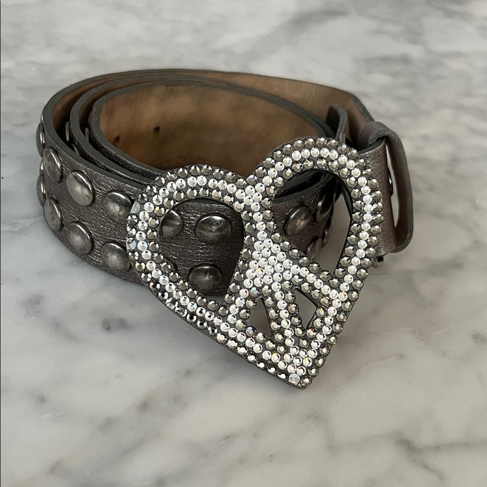 Bridget Shuster Studded  leather Belt with rhinestone Heart Buckle size 34 (L)